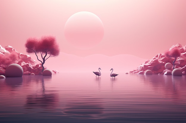 Pink Fantasy World Fantasy Forest with lakes and trees Moons and Huns Pink Dreamy World AI Generated