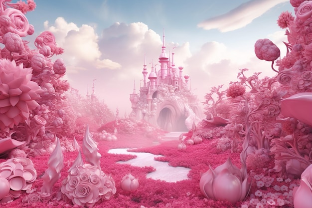 Pink Fantasy World Fantasy Forest with lakes and trees Pink Dreamy World AI GEnerated