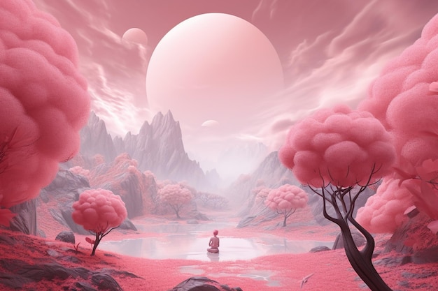 Pink Fantasy World Fantasy Forest with lakes and trees Pink Dreamy World AI GEnerated