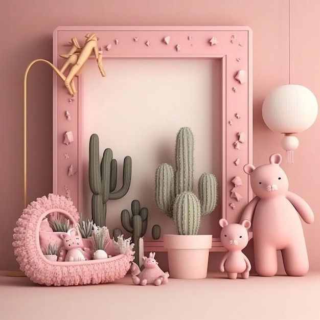 A pink frame with a cactus and a bear on it