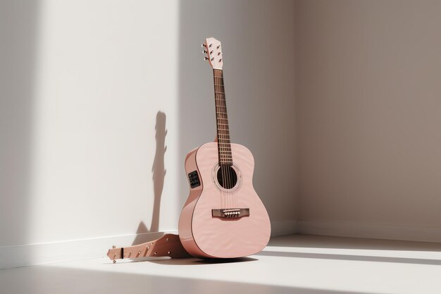 Foto una chitarra rosa è seduta su un supporto davanti a un muro bianco.