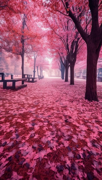 A pink park with a pink tree in the middle