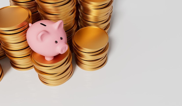 Pink piggy bank money box with a stack of gold coins 3D Rendering