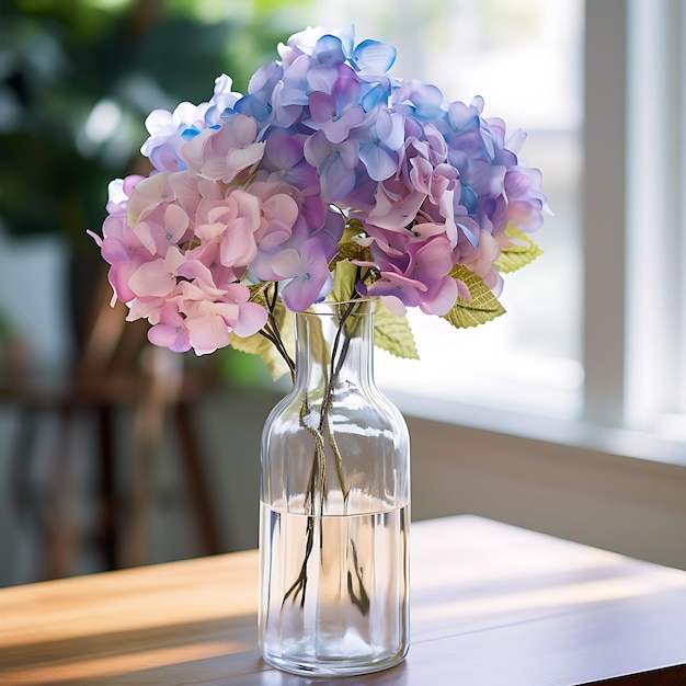 a pink purple and blue bouquet in a glass vase