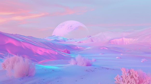 Photo a pink and purple landscape with a moon in the sky