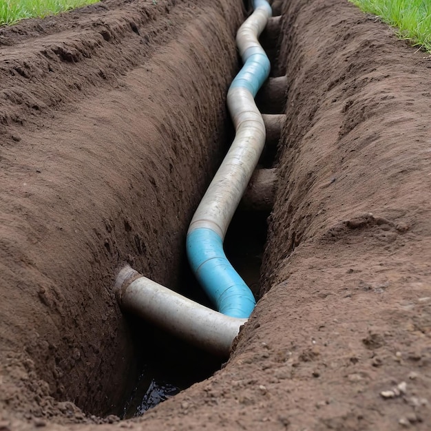 Photo pipe is in the middle of a field with a puddle of water