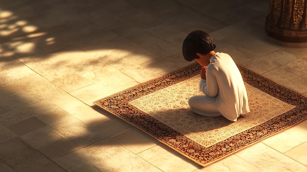 Photo a pixarstyle image of a young boy performing muslim prayers on a prayer rug in a serene indoor sett