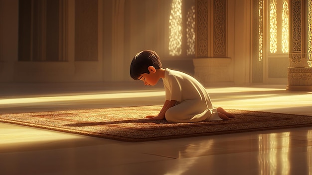 Photo a pixarstyle image of a young boy performing muslim prayers on a prayer rug in a serene indoor sett