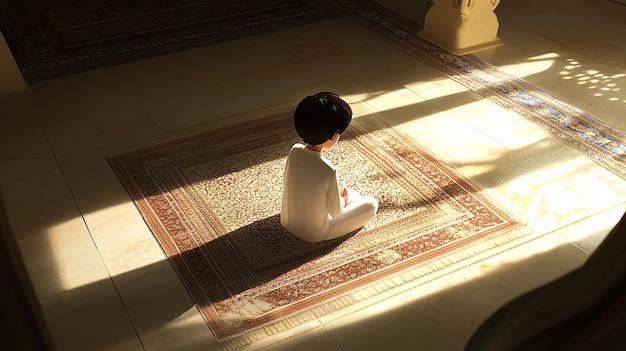 Photo a pixarstyle image of a young boy performing muslim prayers on a prayer rug in a serene indoor sett