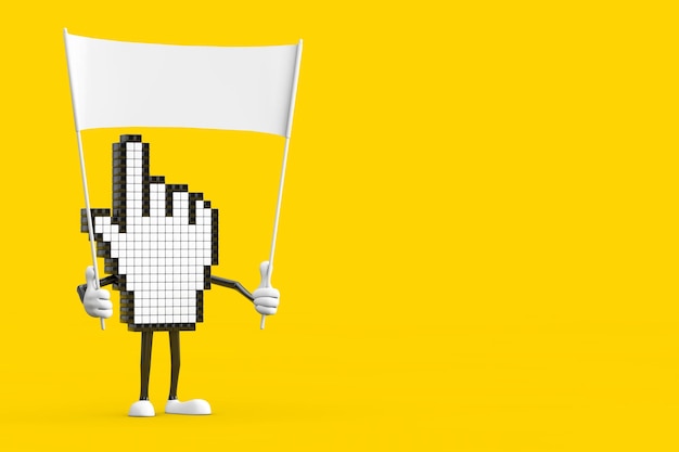 Pixel Hand Cursor Mascot Person Character and Empty White Blank Banner with Free Space for Your Design 3d Rendering