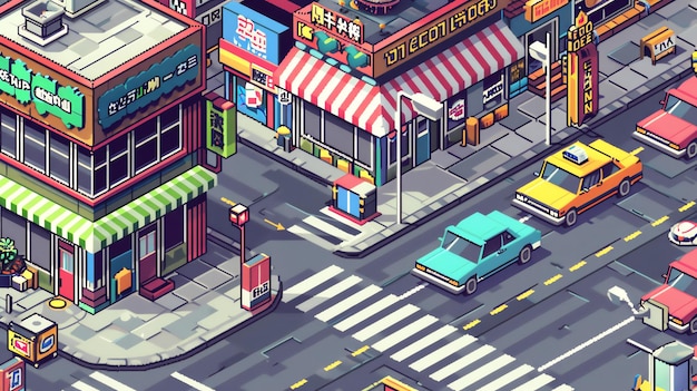 Photo pixelated city street with cars and shops