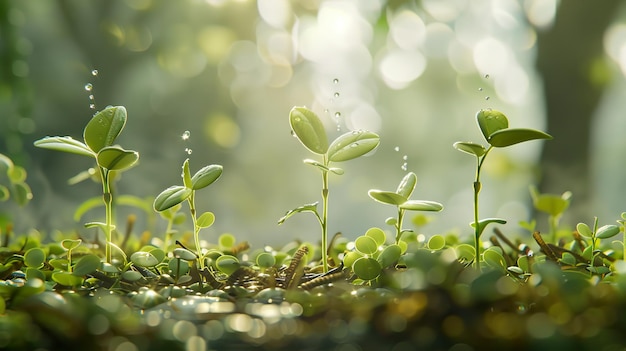 a plant growing in a mossy area with water drops