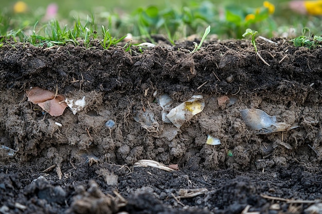 Foto plastic puin begraven in de bodemlaag dwarsdoorsnede