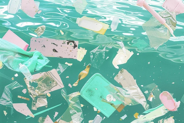 Photo plastic waste floating on the surface of turquoise ocean water