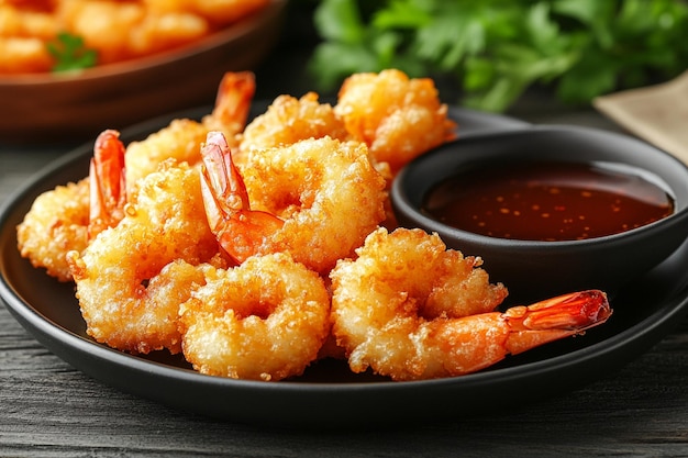 Photo a plate of crispy tempura shrimp with a side of soy sauce for dipping