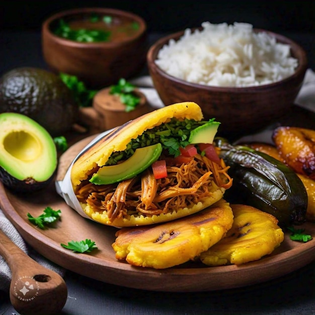 Photo a plate of food including a sandwich with rice and vegetables