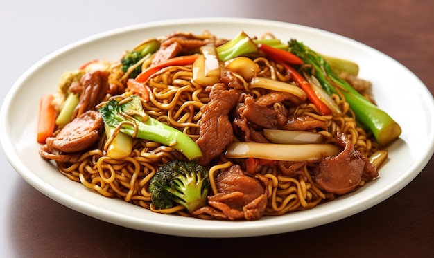 A plate of food with noodles and vegetables.