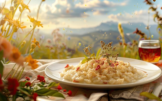 Foto un piatto di risotto sullo sfondo della natura italiana foto pubblicitaria professionale di cibo ai generata