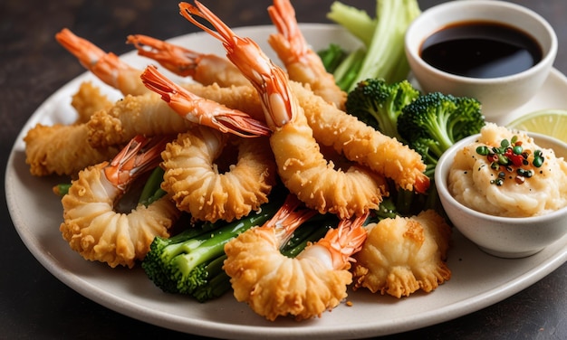 Photo a plate of shrimp broccoli and shrimp with dipping sauce