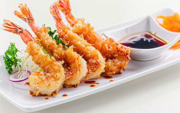 Photo a plate of shrimps tempura on the white background professional advertising food photo ai generated