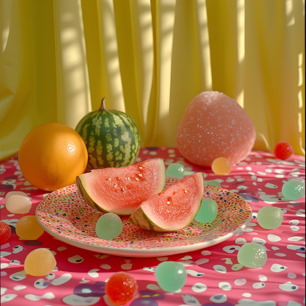 A plate of watermelons and a watermelon on a table