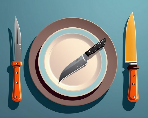 Photo a plate with a knife and a plate with a bunch of knives on it ai generated