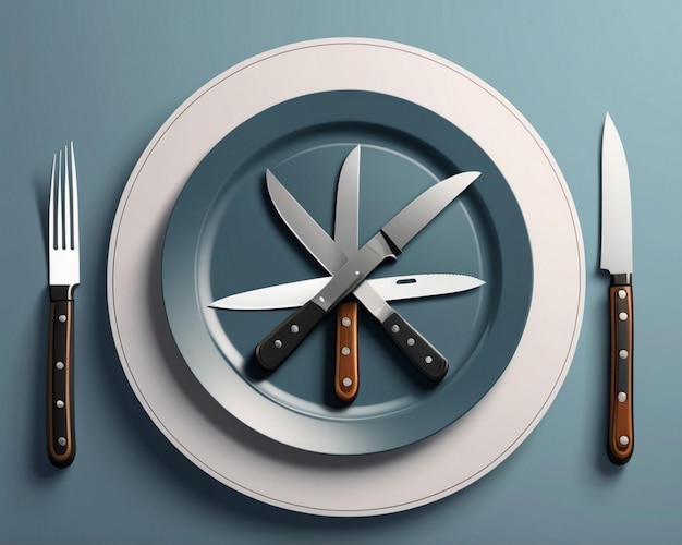 Photo a plate with a knife and a plate with a bunch of knives on it ai generated