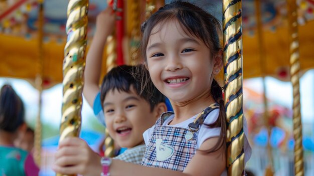 Playful Children on Spinning Playground Little Girls Enjoying MerryGoRound