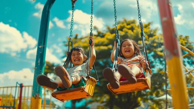 Playful Children Swinging at Park on Playground Swing Set