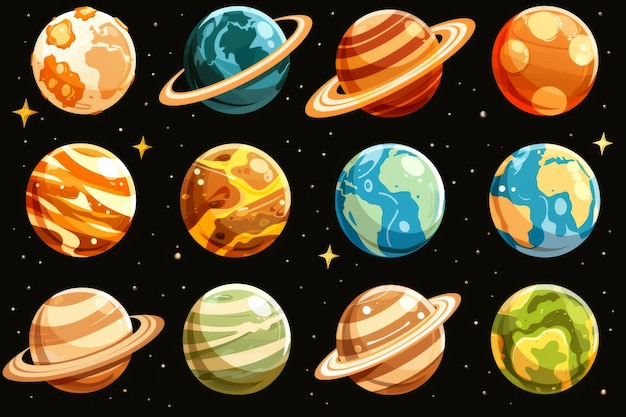 Photo playful and colorful digital illustration of various planets in a whimsical pattern creating a fun