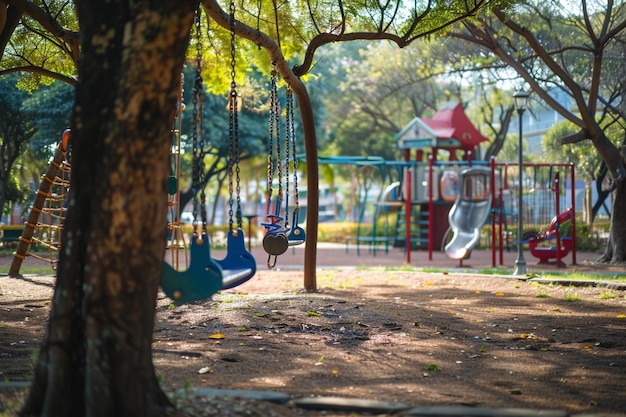 Photo a playground with a swing set and a swing set with a swing set in the background