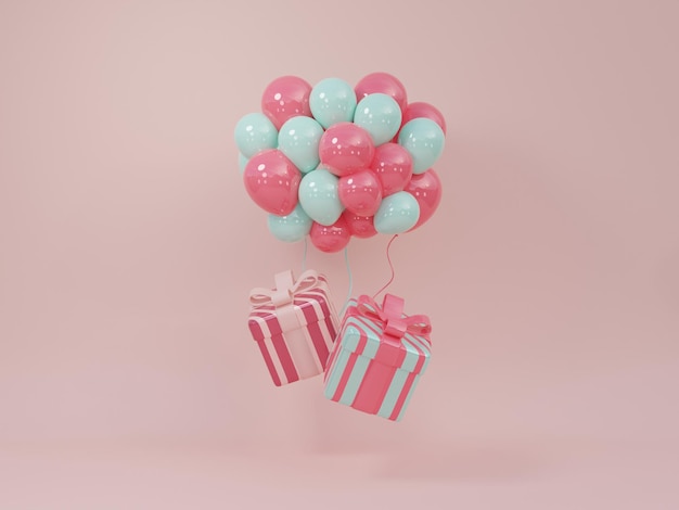 Podium background with 3d realistic pink heart and air balloon gift box