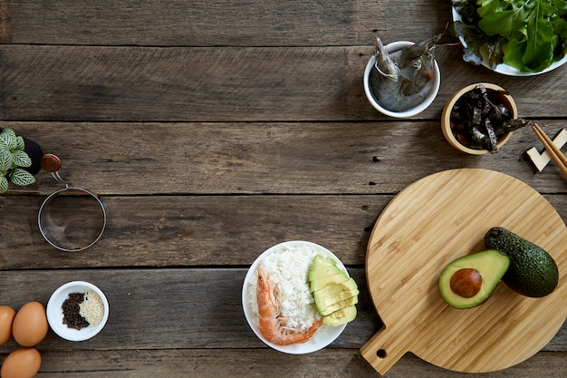 Photo poke bowl with avocado clean food