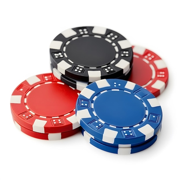 Photo poker chips isolated on white background text area