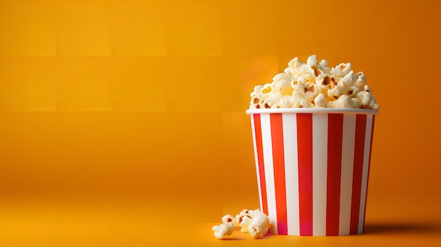 Popcorn in a striped box with a yellow backdrop and empty space top view flavors Generative AI