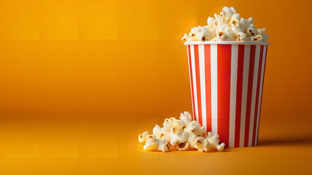 Popcorn in a striped box with a yellow backdrop and empty space top view flavors Generative AI