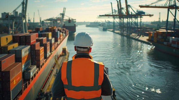 A port operator in an orange vest and white helmet stands on the deck of his ship overlooking rows of containers stacked along one side of the dock