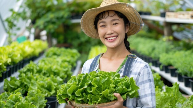 Photo portrait asian gardener woman harvesting while holding lettuce in basket at greenhouse generate ai