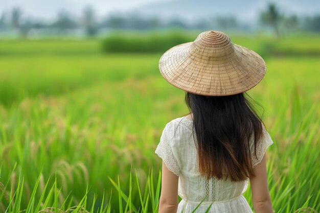 Photo a portrait of a back view of a young woman with strawhat standing among a green paddy field with a big blurry background for text or background generative ai