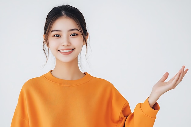 Photo portrait of a beautiful smiling young asian woman in an orange sweatshirt