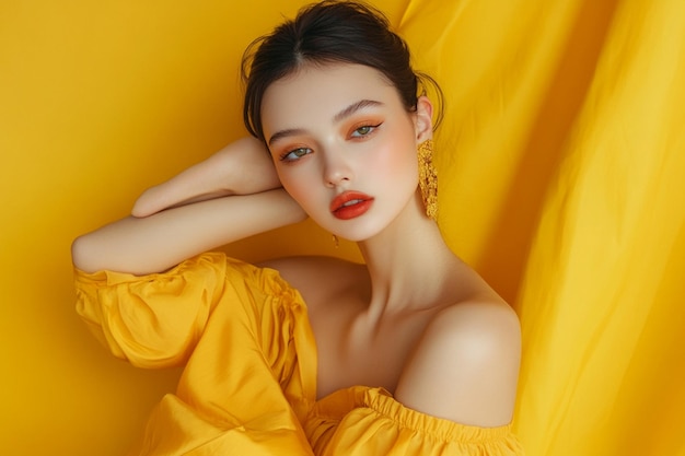 Photo portrait of beautiful young woman wearing yellow summer