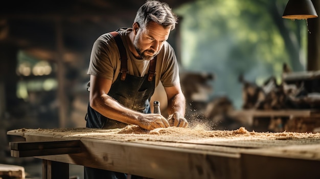 Portrait of a carpenter working in his area with a big copy space Generative AI