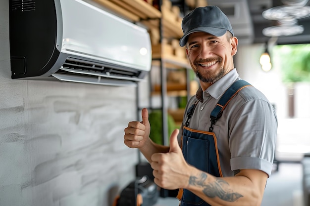 Portrait of a happy air conditioner mechanic showing thumbs up with copy space Generative AI