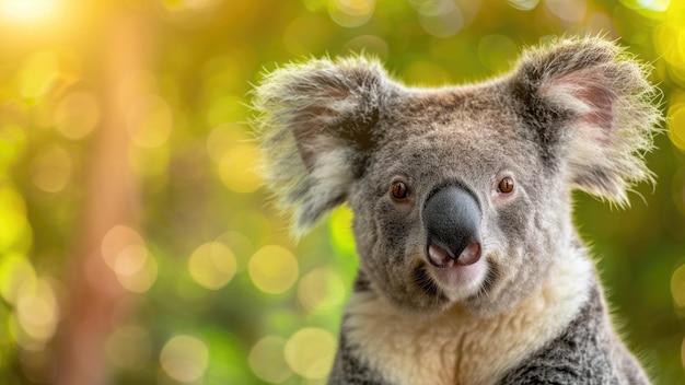 Photo portrait of a koala in nature with sunlight filtering through trees