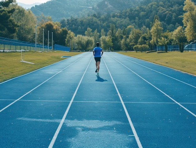 Photo portrait runner sprinting on a blue running track rear view