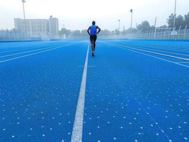 Photo portrait runner sprinting on a blue running track rear view