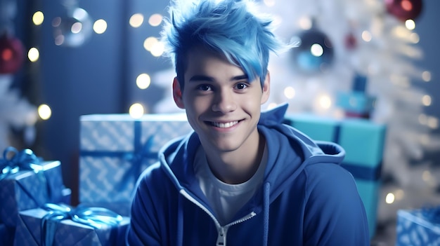 Portrait of a smiling blue hair male in anime style surrounded by gifts with space for text