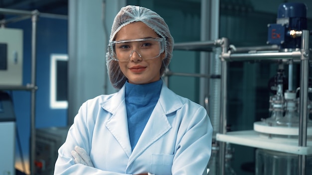 Photo portrait of a woman scientist in uniform working in curative laboratory for chemical and biomedical experiment