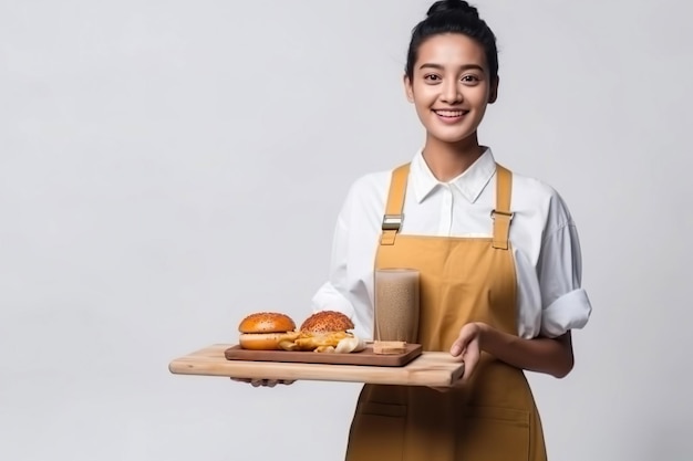 Portrait young asian waitress barista wearing invite customer to her coffee shop Smiling waitress woman working hand hold bread and coffee drink Generate Ai