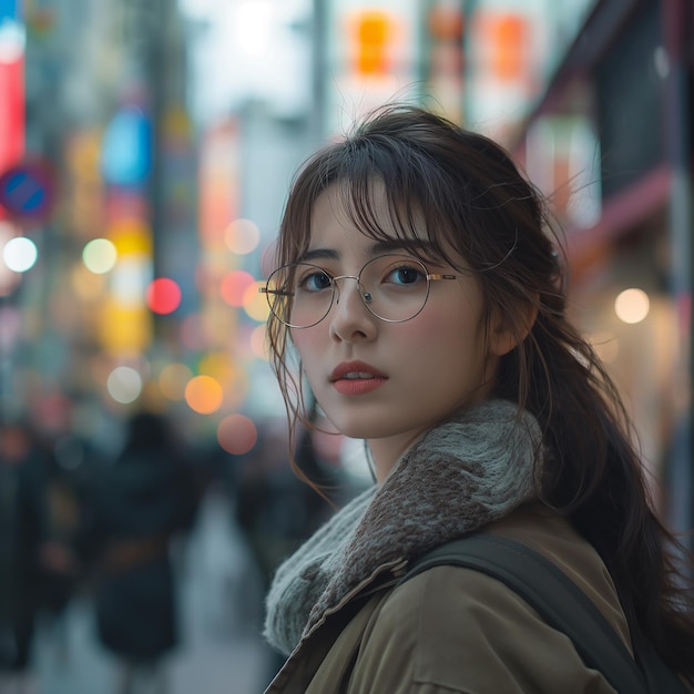 portrait of young beautiful Japanese woman in glasses on busy city street